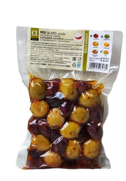 А-серия. Ассорти из оливок Халкидики, Каламата с перцем, Греция, 250 г