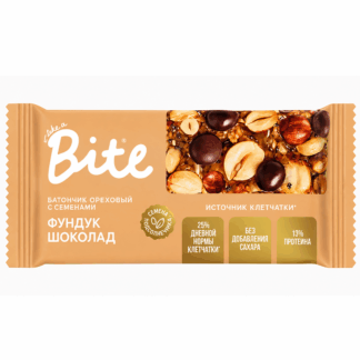 Батончик ореховый с семенами, Фундук-Шоколад, Bite, 30 гр